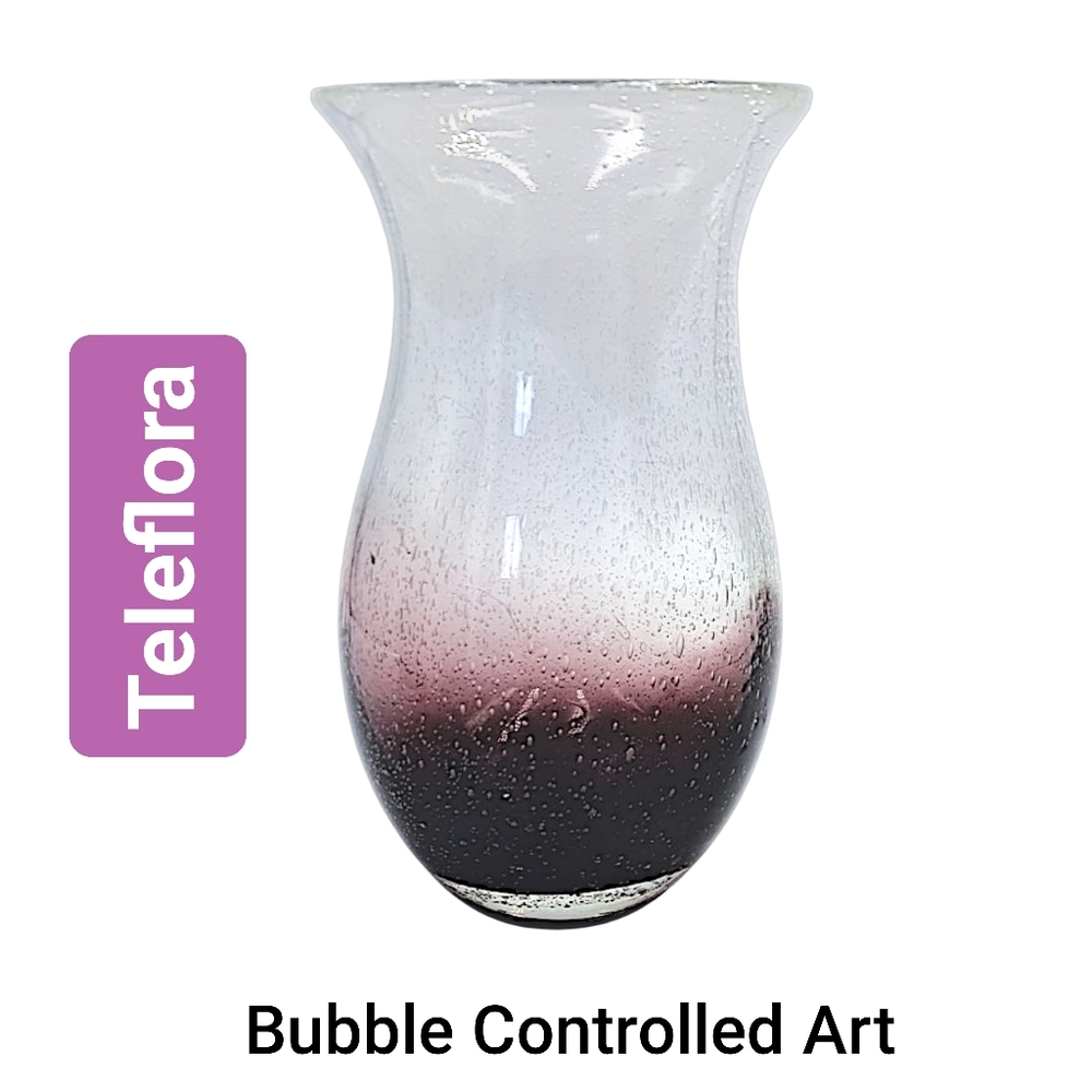 Teleflora ~Clear Glass Vase with Purple Tint Base Bubble Controlled Art
